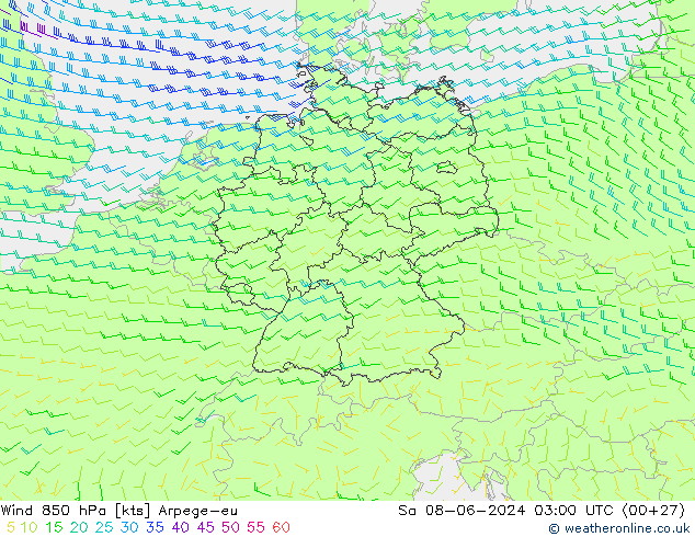 Viento 850 hPa Arpege-eu sáb 08.06.2024 03 UTC