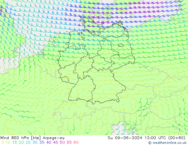 Wind 850 hPa Arpege-eu Ne 09.06.2024 12 UTC