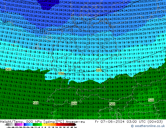 Height/Temp. 500 гПа Arpege-eu пт 07.06.2024 03 UTC