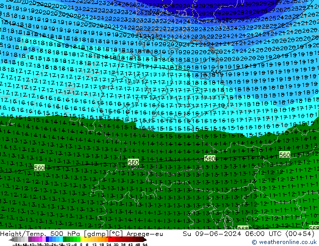 Height/Temp. 500 hPa Arpege-eu Su 09.06.2024 06 UTC