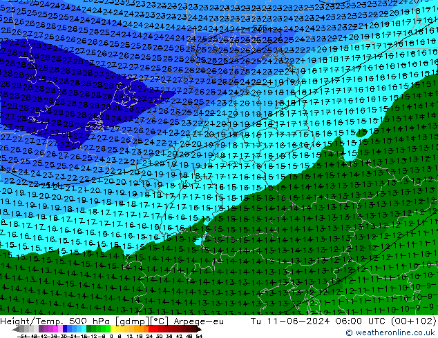 Height/Temp. 500 hPa Arpege-eu Tu 11.06.2024 06 UTC