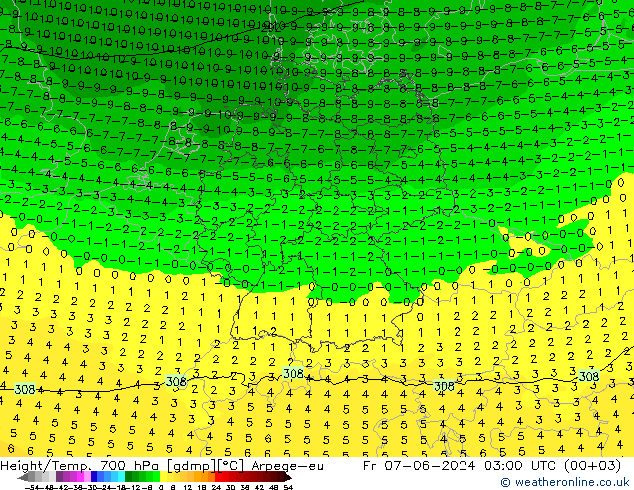 Height/Temp. 700 hPa Arpege-eu Fr 07.06.2024 03 UTC