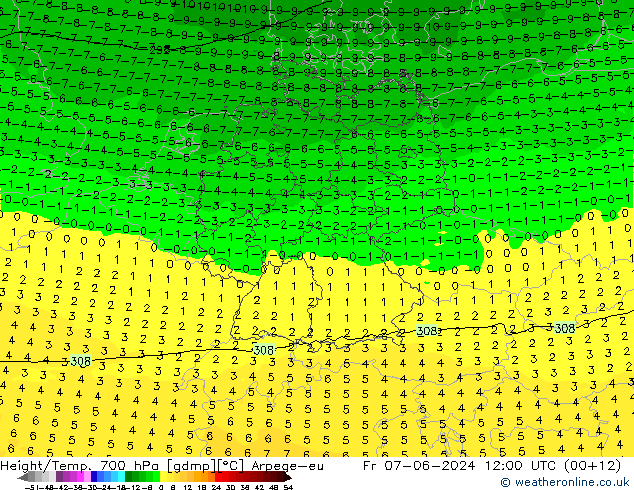 Hoogte/Temp. 700 hPa Arpege-eu vr 07.06.2024 12 UTC