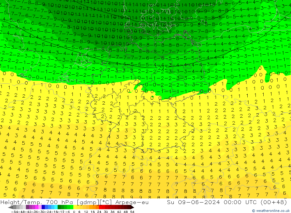 Height/Temp. 700 hPa Arpege-eu Su 09.06.2024 00 UTC