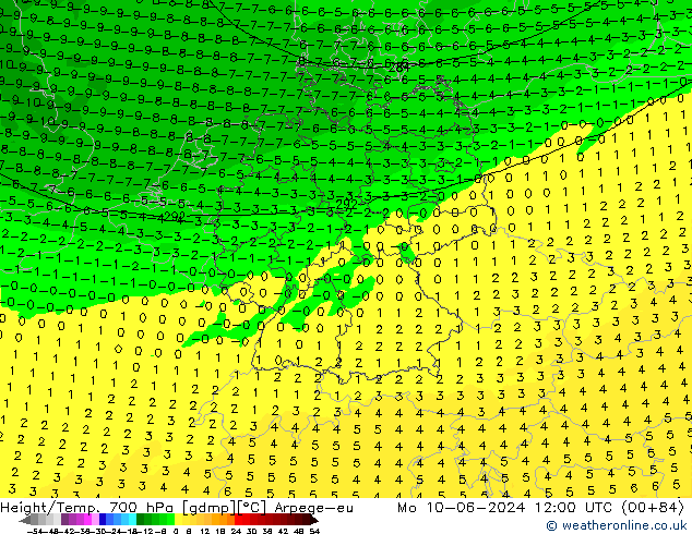 Height/Temp. 700 hPa Arpege-eu pon. 10.06.2024 12 UTC