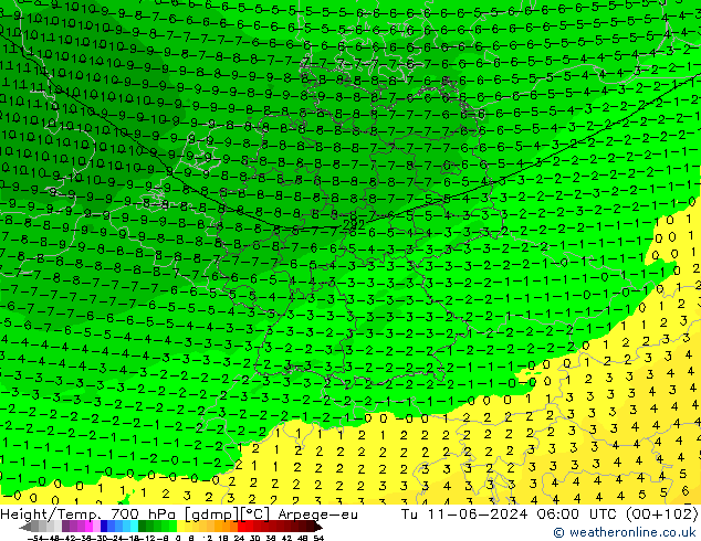 Height/Temp. 700 hPa Arpege-eu wto. 11.06.2024 06 UTC