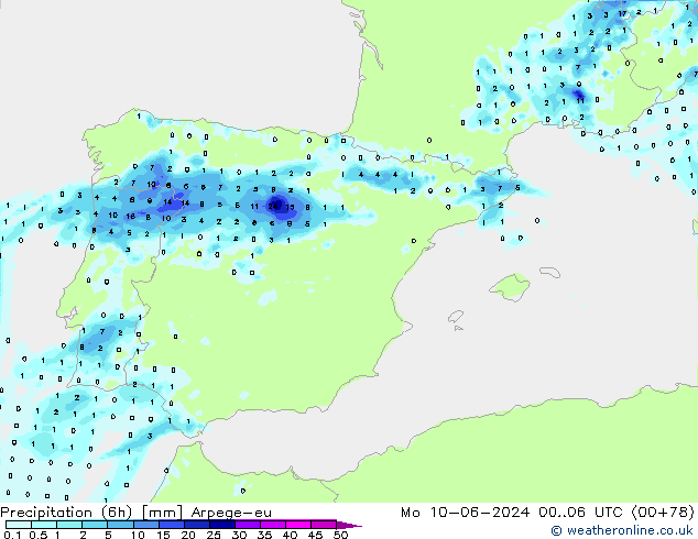 Precipitation (6h) Arpege-eu Mo 10.06.2024 06 UTC