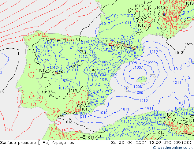 Pressione al suolo Arpege-eu sab 08.06.2024 12 UTC