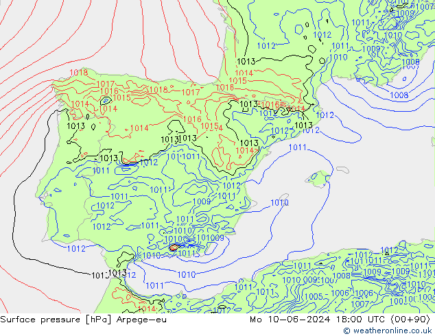 Surface pressure Arpege-eu Mo 10.06.2024 18 UTC