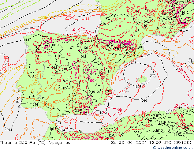 Theta-e 850hPa Arpege-eu sab 08.06.2024 12 UTC