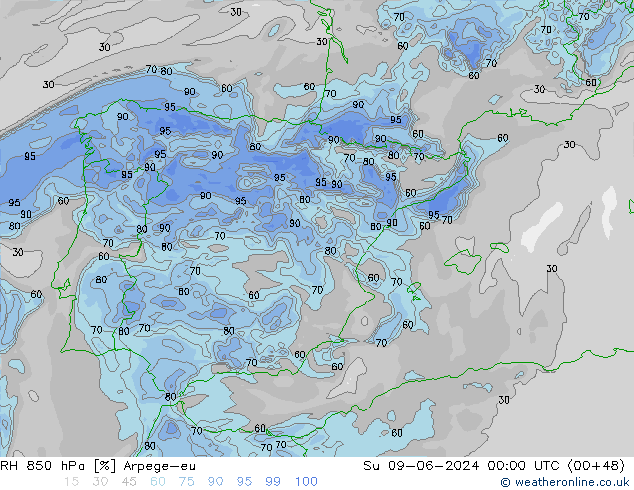 RH 850 hPa Arpege-eu Ne 09.06.2024 00 UTC