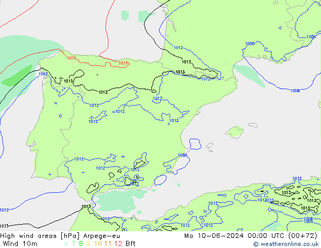 High wind areas Arpege-eu Po 10.06.2024 00 UTC