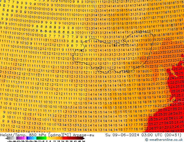 Height/Temp. 850 hPa Arpege-eu Su 09.06.2024 03 UTC