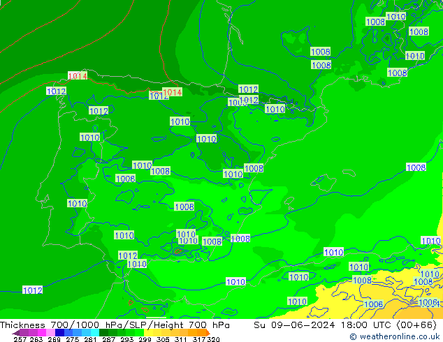 Thck 700-1000 гПа Arpege-eu Вс 09.06.2024 18 UTC