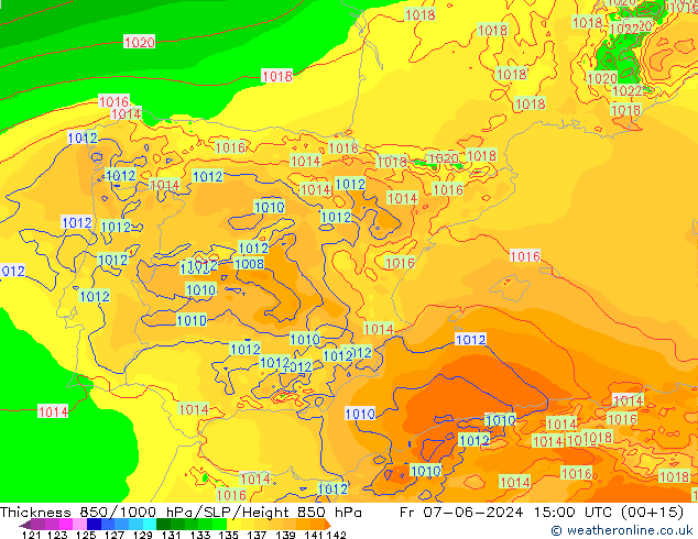 Dikte 850-1000 hPa Arpege-eu vr 07.06.2024 15 UTC