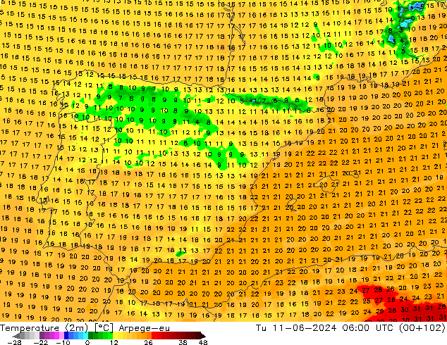 Temperature (2m) Arpege-eu Tu 11.06.2024 06 UTC