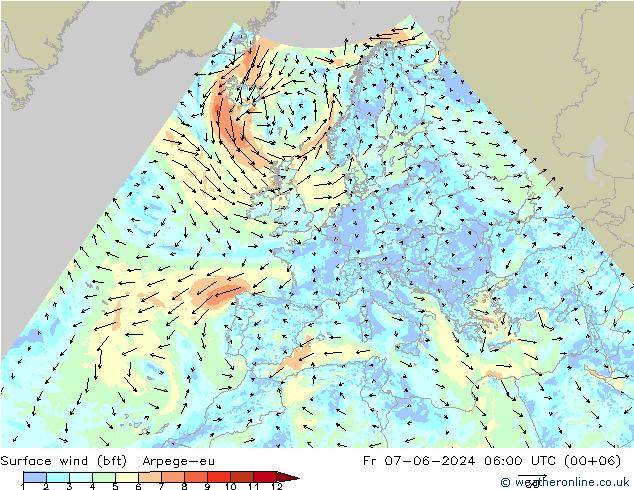 Wind 10 m (bft) Arpege-eu vr 07.06.2024 06 UTC