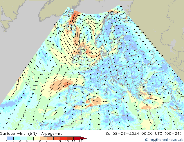 Surface wind (bft) Arpege-eu So 08.06.2024 00 UTC