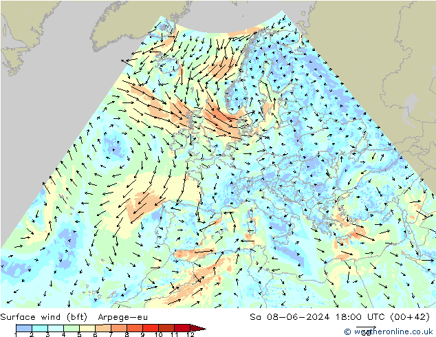 Wind 10 m (bft) Arpege-eu za 08.06.2024 18 UTC