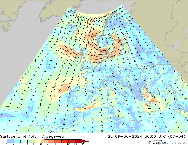 Rüzgar 10 m (bft) Arpege-eu Paz 09.06.2024 06 UTC