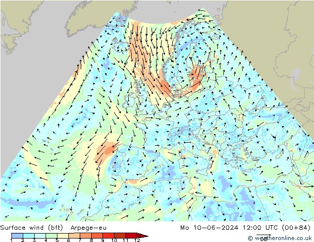 Rüzgar 10 m (bft) Arpege-eu Pzt 10.06.2024 12 UTC
