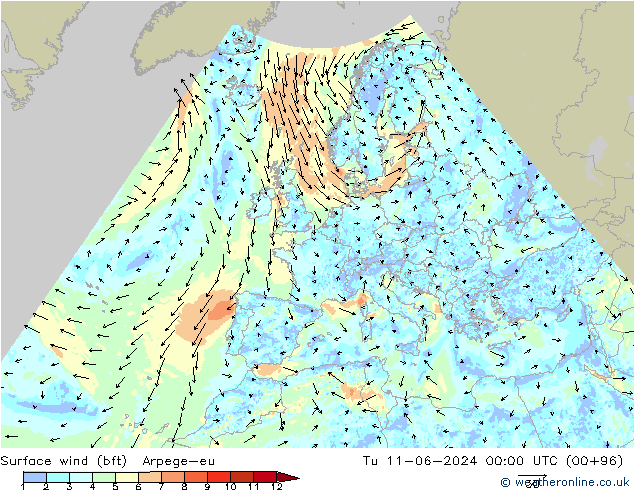 Surface wind (bft) Arpege-eu Tu 11.06.2024 00 UTC