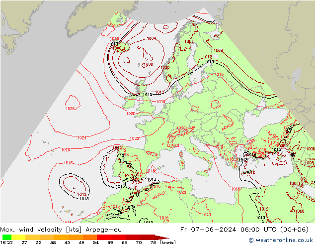 Max. wind velocity Arpege-eu Fr 07.06.2024 06 UTC