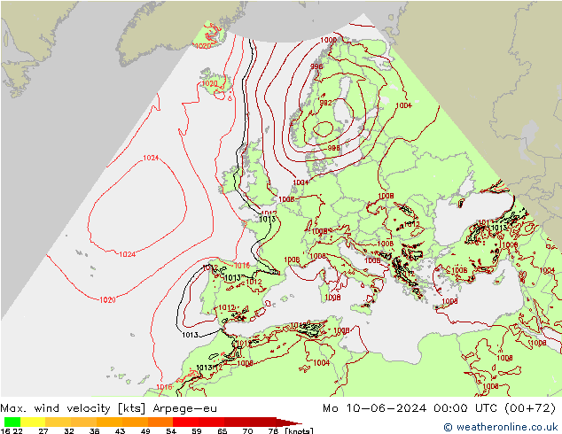 Max. wind velocity Arpege-eu Po 10.06.2024 00 UTC