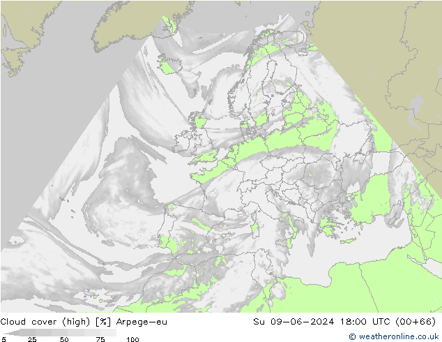 Cloud cover (high) Arpege-eu Su 09.06.2024 18 UTC