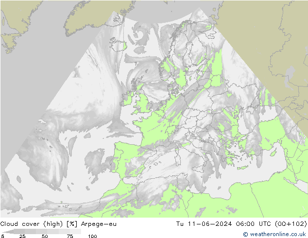 Cloud cover (high) Arpege-eu Tu 11.06.2024 06 UTC