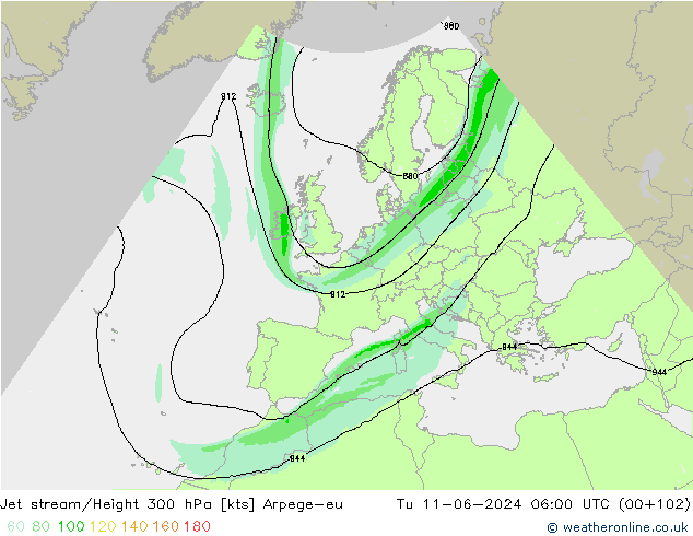 Jet stream/Height 300 hPa Arpege-eu Út 11.06.2024 06 UTC