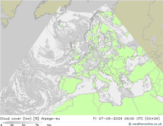 Cloud cover (low) Arpege-eu Fr 07.06.2024 06 UTC