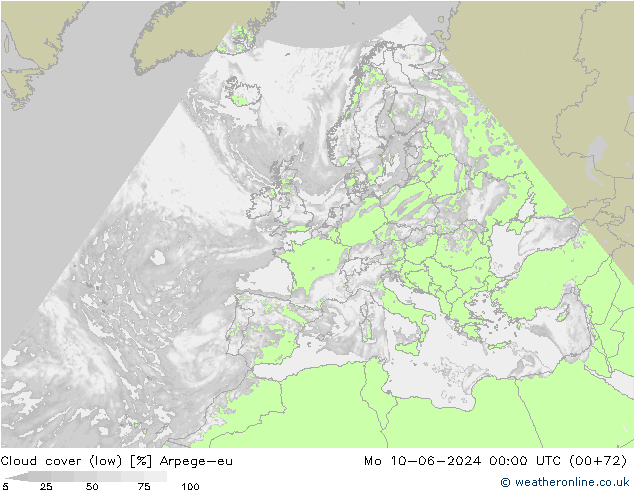 Cloud cover (low) Arpege-eu Mo 10.06.2024 00 UTC