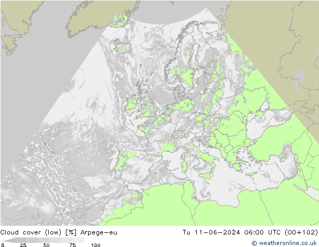 nízká oblaka Arpege-eu Út 11.06.2024 06 UTC