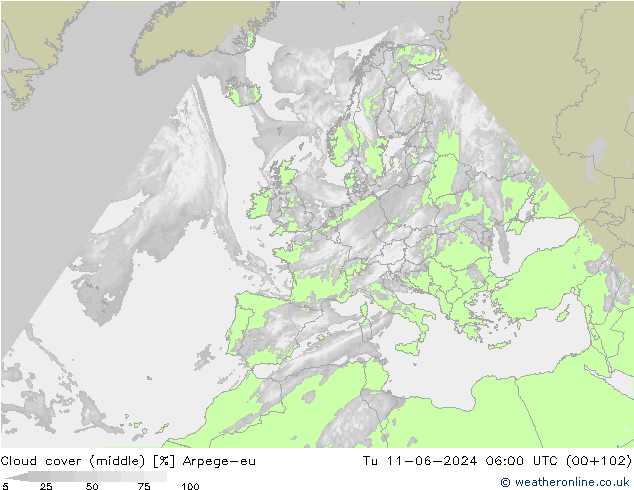 Cloud cover (middle) Arpege-eu Tu 11.06.2024 06 UTC
