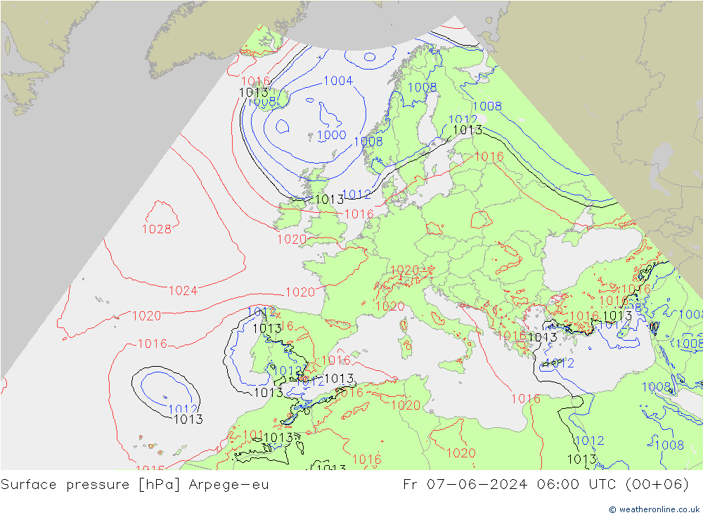 地面气压 Arpege-eu 星期五 07.06.2024 06 UTC