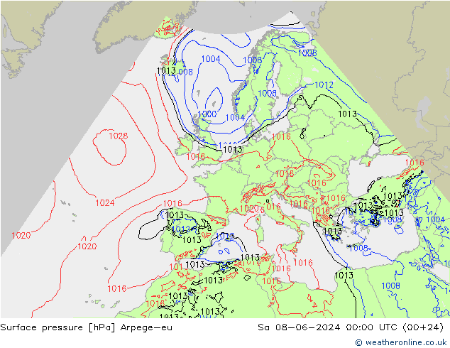 Presión superficial Arpege-eu sáb 08.06.2024 00 UTC