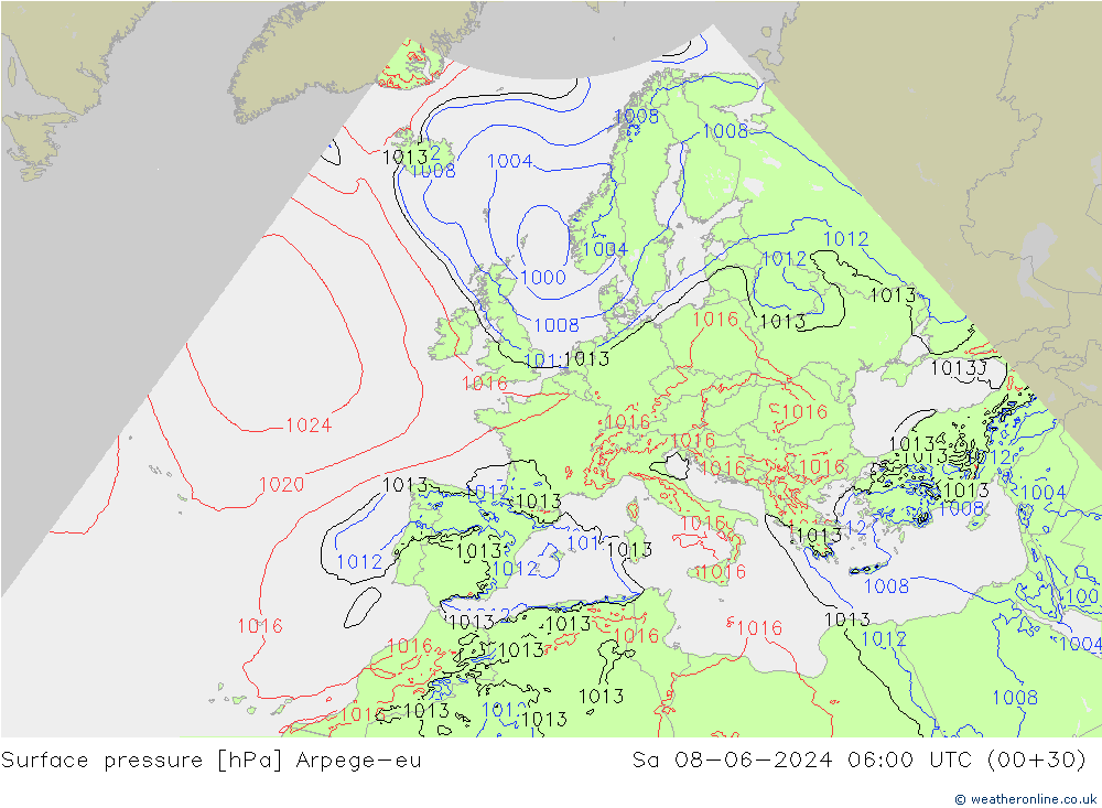 Surface pressure Arpege-eu Sa 08.06.2024 06 UTC