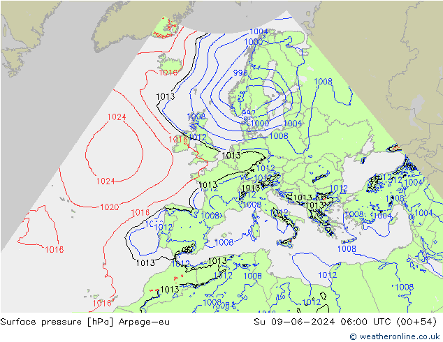 Atmosférický tlak Arpege-eu Ne 09.06.2024 06 UTC