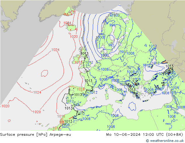 Surface pressure Arpege-eu Mo 10.06.2024 12 UTC