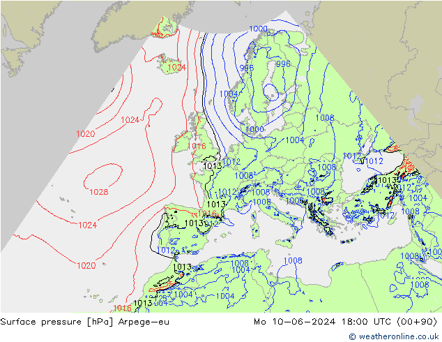 Surface pressure Arpege-eu Mo 10.06.2024 18 UTC