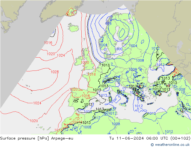 Surface pressure Arpege-eu Tu 11.06.2024 06 UTC