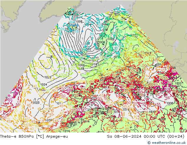 Theta-e 850hPa Arpege-eu Sa 08.06.2024 00 UTC