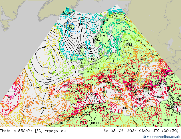 Theta-e 850hPa Arpege-eu Sa 08.06.2024 06 UTC