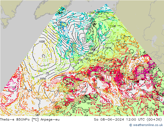 Theta-e 850hPa Arpege-eu sáb 08.06.2024 12 UTC