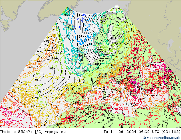 Theta-e 850hPa Arpege-eu Di 11.06.2024 06 UTC