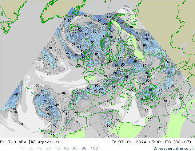 RH 700 hPa Arpege-eu  07.06.2024 03 UTC