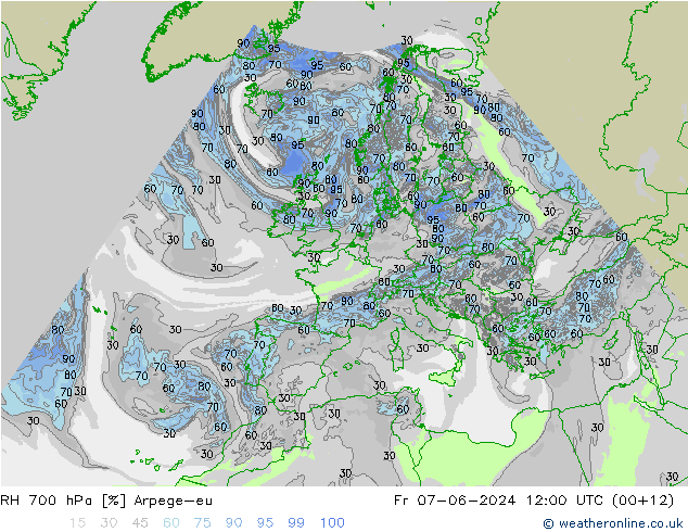 RH 700 hPa Arpege-eu Pá 07.06.2024 12 UTC