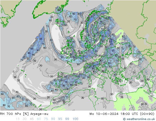 RH 700 hPa Arpege-eu Po 10.06.2024 18 UTC