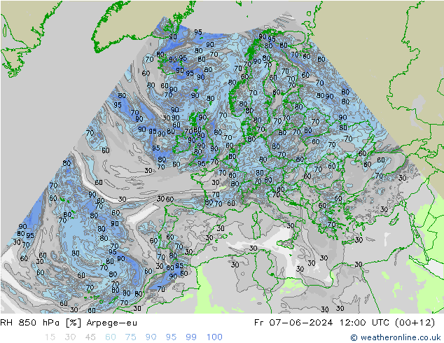 RH 850 hPa Arpege-eu Pá 07.06.2024 12 UTC